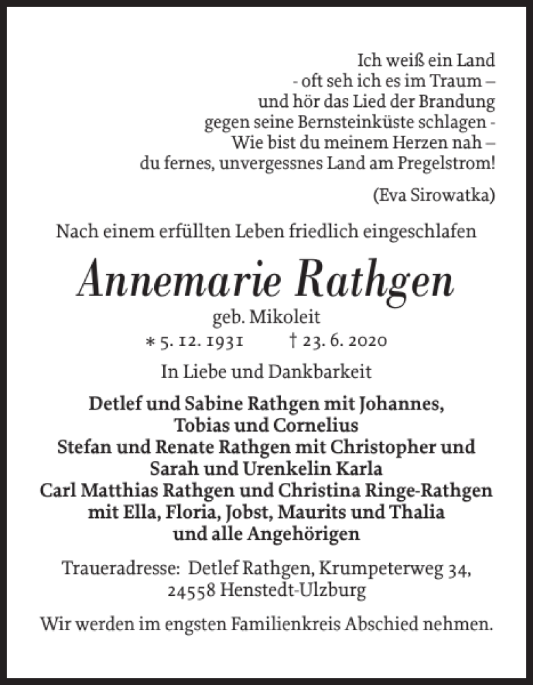  Traueranzeige für Annemarie Rathgen vom 27.06.2020 aus Flensburger Tageblatt