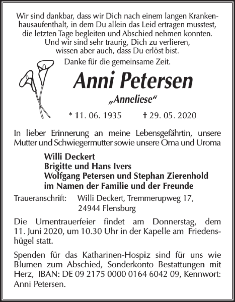  Traueranzeige für Anni Petersen vom 06.06.2020 aus Flensburger Tageblatt
