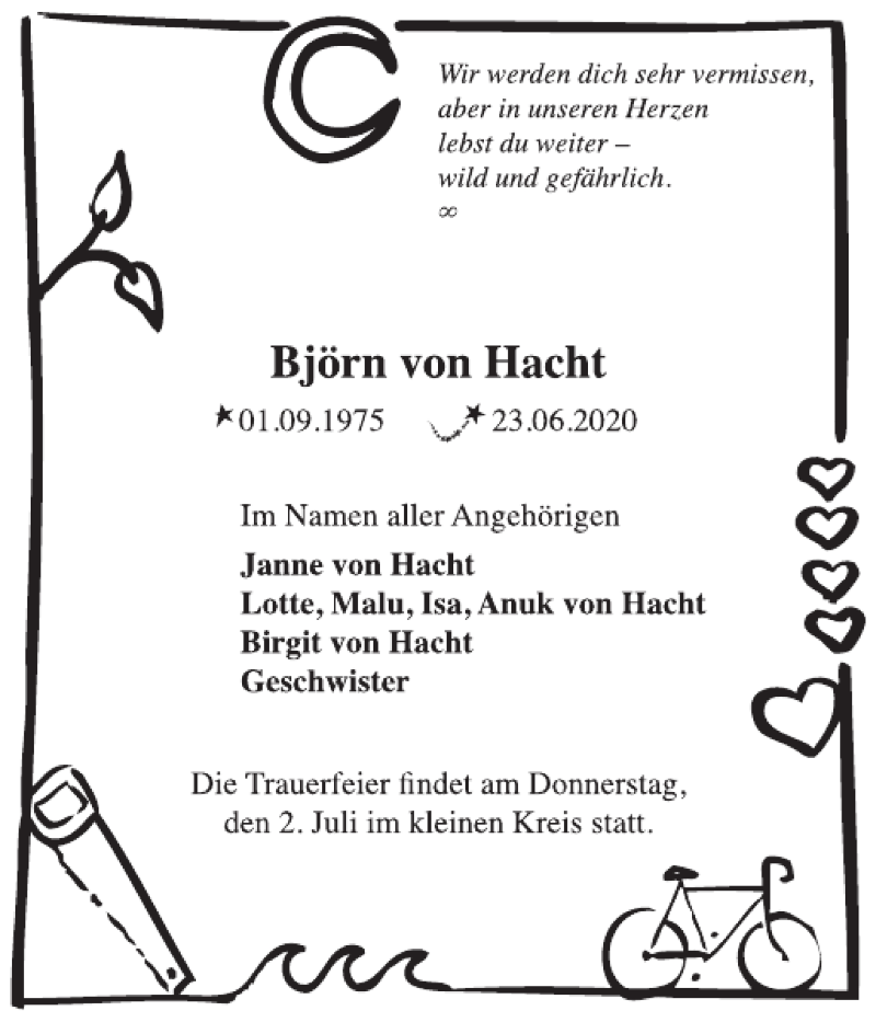  Traueranzeige für Björn von Hacht vom 27.06.2020 aus Flensburger Tageblatt