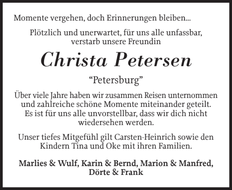  Traueranzeige für Christa Petersen vom 27.06.2020 aus Husumer Nachrichten