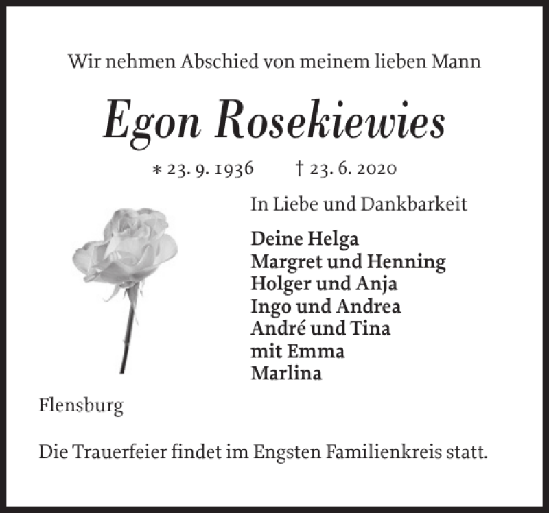  Traueranzeige für Egon Rosekiewies vom 27.06.2020 aus Flensburger Tageblatt