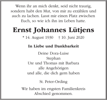 Traueranzeige von Ernst Johannes Lütjens von Husumer Nachrichten