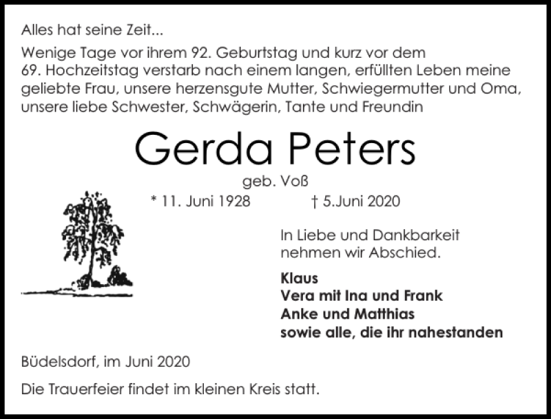  Traueranzeige für Gerda Peters vom 11.06.2020 aus Landeszeitung