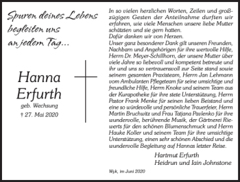 Traueranzeige von Hanna Erfurth von Der Insel-Bote