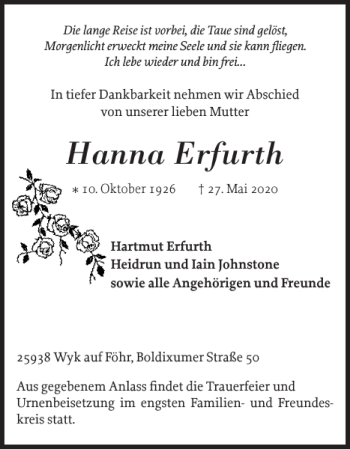 Traueranzeige von Hanna Erfurth von Der Insel-Bote
