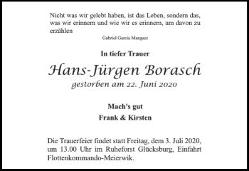 Traueranzeige von Hans-Jürgen Borasch von Flensburger Tageblatt