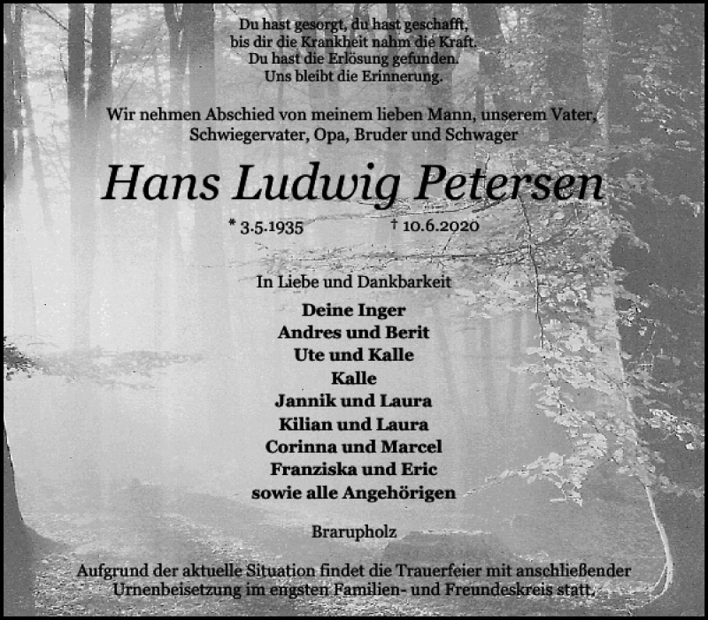  Traueranzeige für Hans Ludwig Petersen vom 17.06.2020 aus Flensburger Tageblatt
