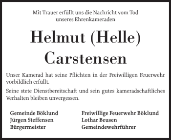 Traueranzeige von Helmut Helle Carstensen von Schleswiger Nachrichten
