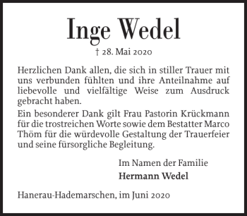 Traueranzeige von Inge Wedel von Landeszeitung