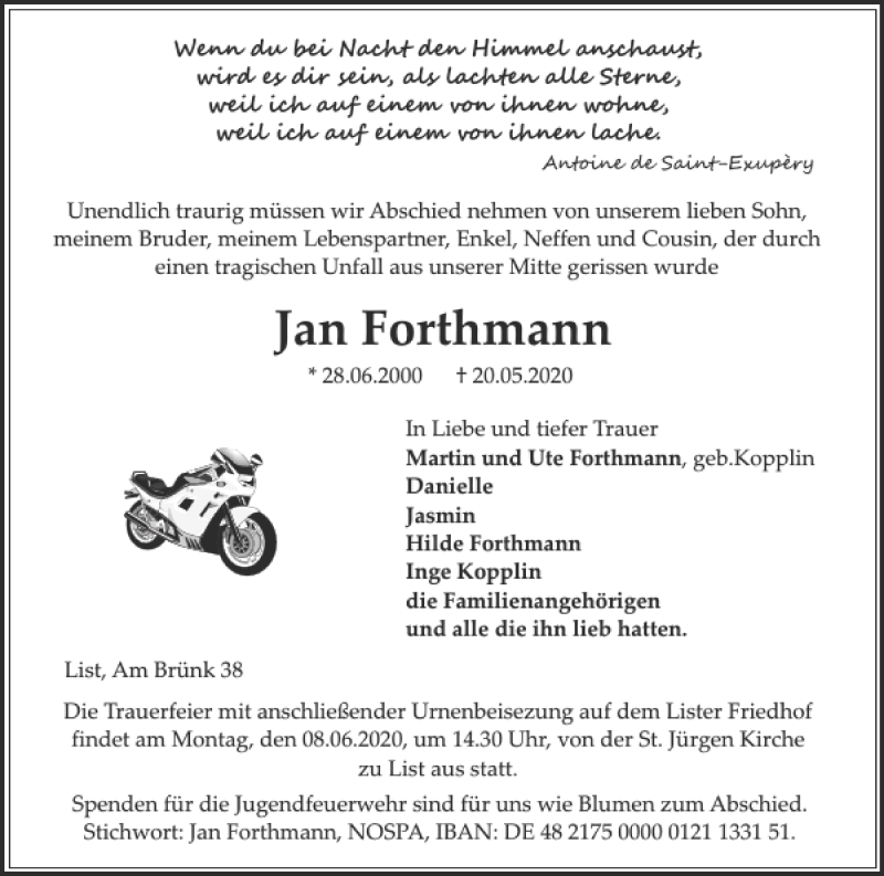  Traueranzeige für Jan Forthmann vom 04.06.2020 aus Sylter Rundschau
