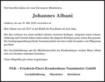 Traueranzeige von Johannes Albani von Holsteinischer Courier