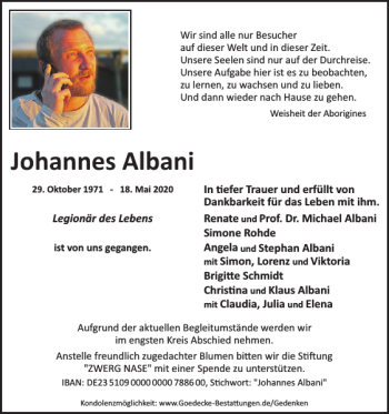 Traueranzeige von Johannes Albani von Holsteinischer Courier