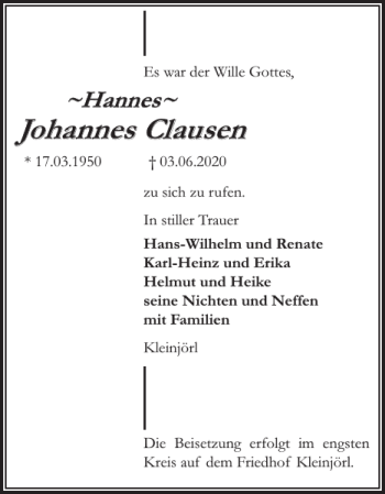 Traueranzeige von Johannes Clausen von Flensburger Tageblatt