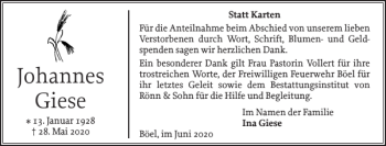 Traueranzeige von Johannes Giese von Flensburger Tageblatt
