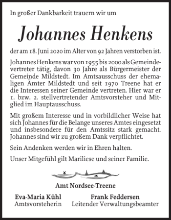 Traueranzeige von Johannes Henkens von Husumer Nachrichten