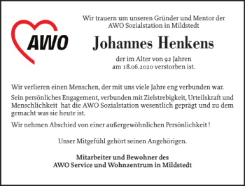 Traueranzeige von Johannes Henkens von Husumer Nachrichten