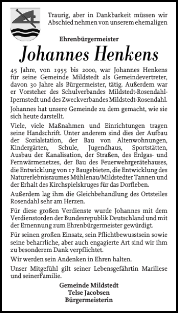 Traueranzeige von Johannes Henkens von Husumer Nachrichten
