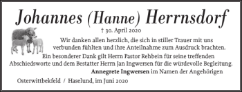 Traueranzeige von Johannes Herrnsdorf von Husumer Nachrichten