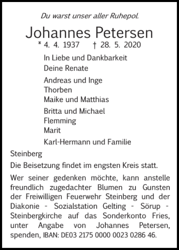 Traueranzeige von Johannes Petersen von Flensburger Tageblatt