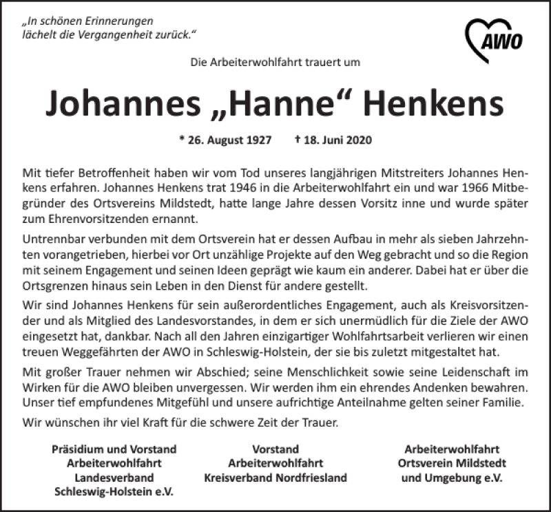  Traueranzeige für Johannes Hanne Henkens vom 24.06.2020 aus Husumer Nachrichten