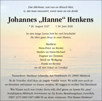 Traueranzeige von Johannes Hanne Henkens von Husumer Nachrichten
