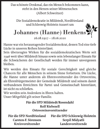 Traueranzeige von Johannes Hanne Henkens von Husumer Nachrichten