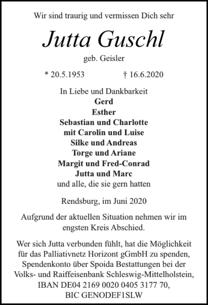  Traueranzeige für Jutta Guschl vom 20.06.2020 aus Landeszeitung