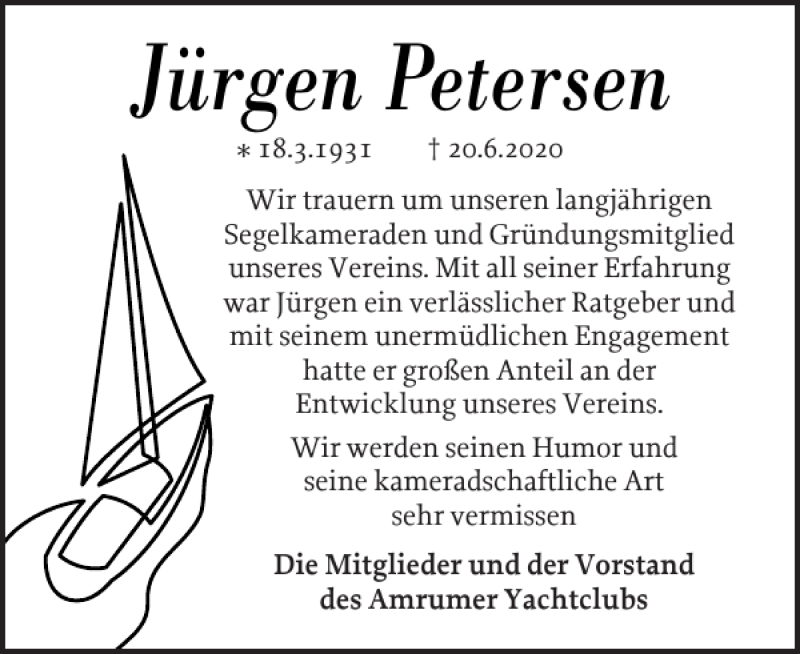  Traueranzeige für Jürgen Petersen vom 27.06.2020 aus Der Insel-Bote