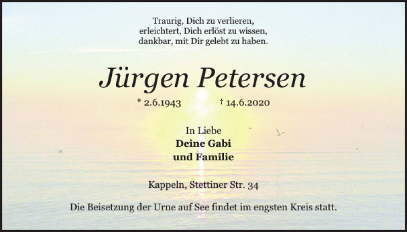  Traueranzeige für Jürgen Petersen vom 18.06.2020 aus Schlei-Bote
