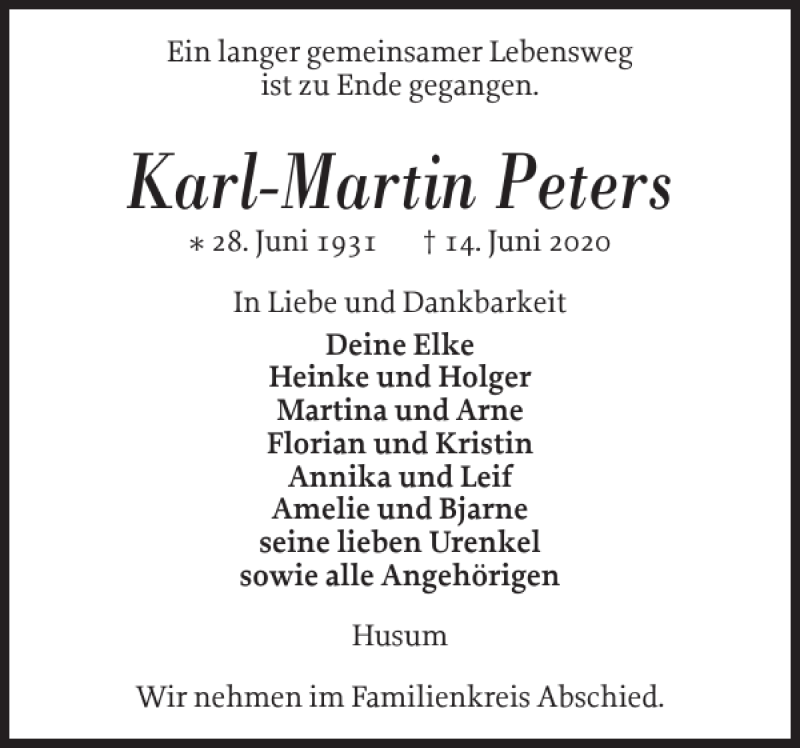  Traueranzeige für Karl-Martin Peters vom 20.06.2020 aus Husumer Nachrichten