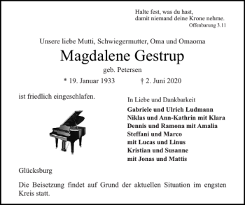 Traueranzeige von Magdalene Gestrup von Flensburger Tageblatt