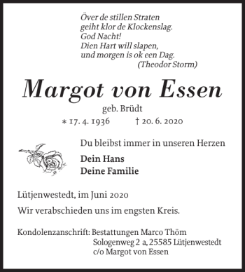 Traueranzeige von Margot von Essen von Landeszeitung
