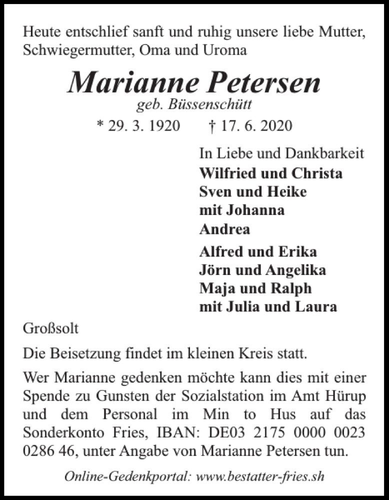  Traueranzeige für Marianne Petersen vom 20.06.2020 aus Flensburger Tageblatt