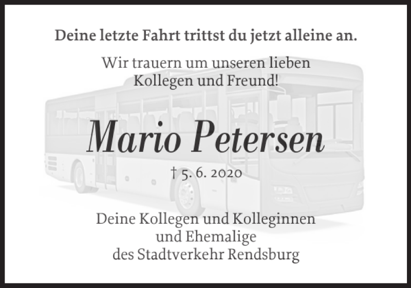  Traueranzeige für Mario Petersen vom 13.06.2020 aus Landeszeitung