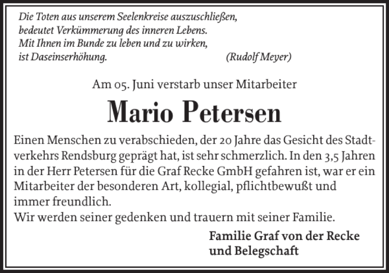  Traueranzeige für Mario Petersen vom 13.06.2020 aus Landeszeitung
