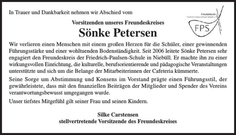  Traueranzeige für Sönke Petersen vom 06.06.2020 aus Husumer Nachrichten