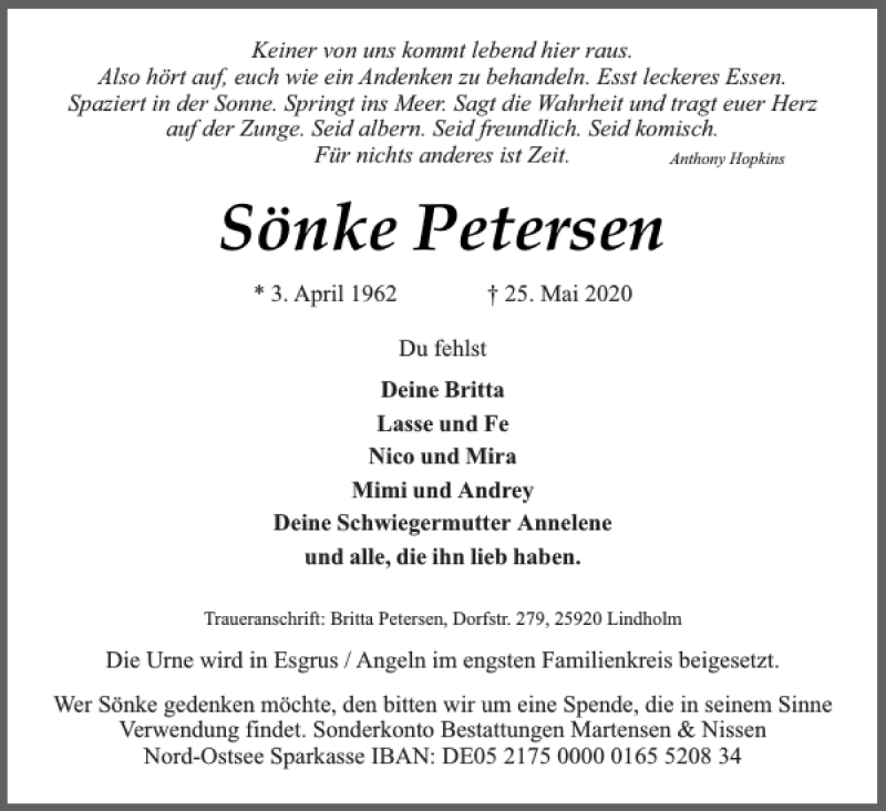  Traueranzeige für Sönke Petersen vom 02.06.2020 aus Flensburger Tageblatt