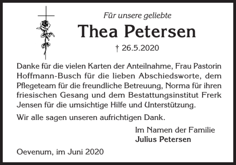  Traueranzeige für Thea Petersen vom 17.06.2020 aus Der Insel-Bote