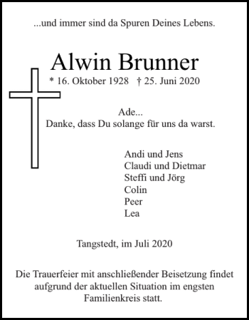 Traueranzeige von Alwin Brunner von Pinneberger Tageblatt