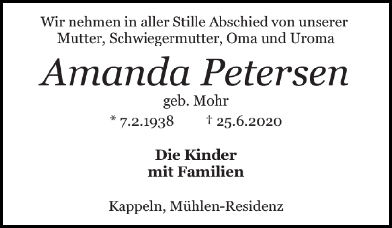  Traueranzeige für Amanda Petersen vom 13.07.2020 aus Schlei-Bote
