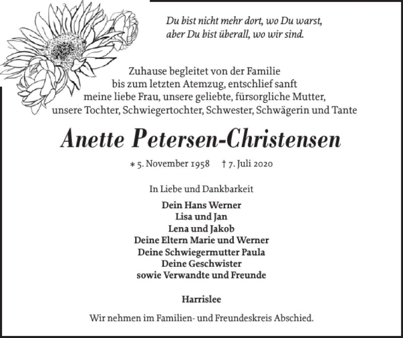  Traueranzeige für Anette Petersen-Christensen vom 11.07.2020 aus Flensburger Tageblatt