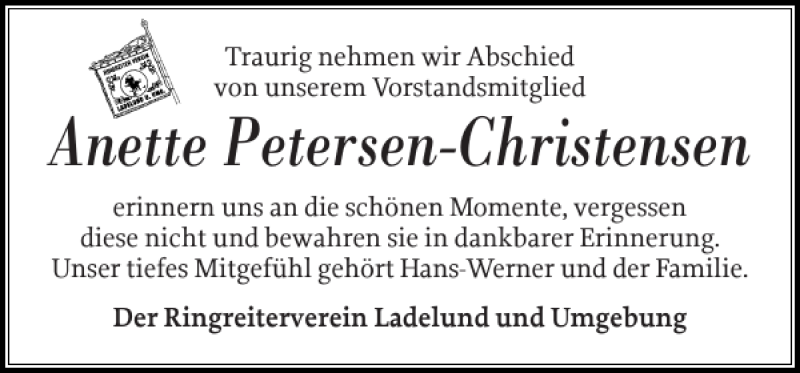 Traueranzeige für Anette Petersen-Christensen vom 15.07.2020 aus Flensburger Tageblatt