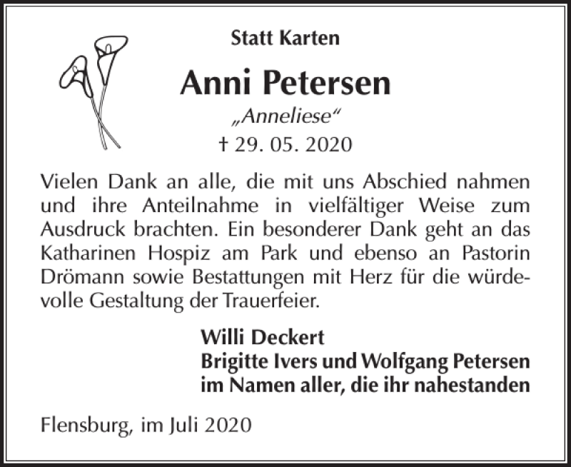  Traueranzeige für Anni Petersen vom 04.07.2020 aus Flensburger Tageblatt