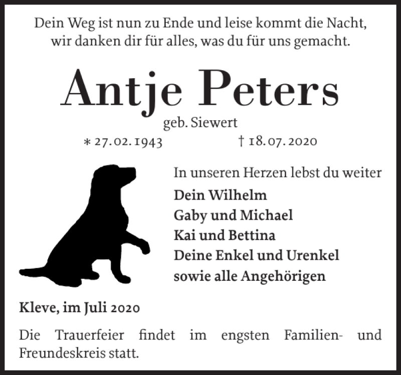  Traueranzeige für Antje Peters vom 22.07.2020 aus Norddeutsche Rundschau
