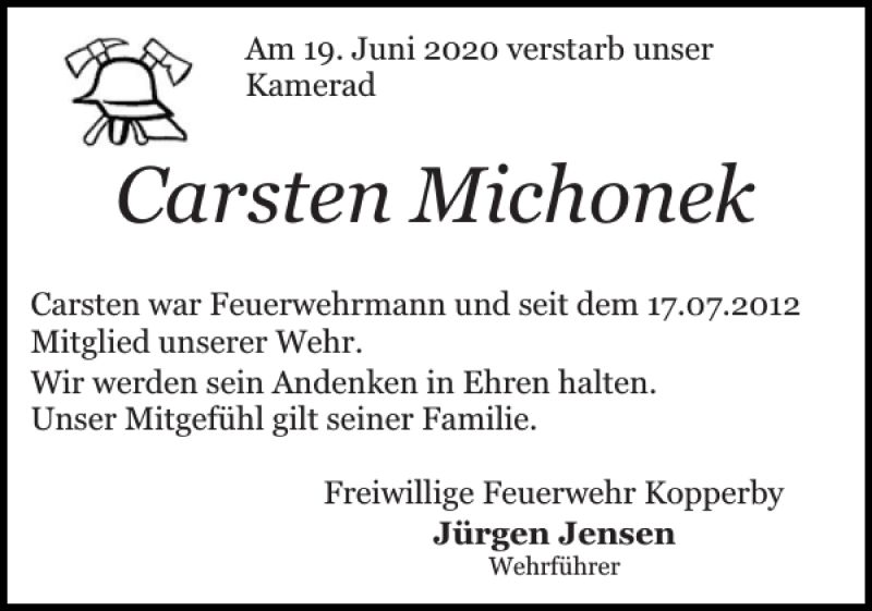  Traueranzeige für Carsten Michonek vom 16.07.2020 aus Schlei-Bote