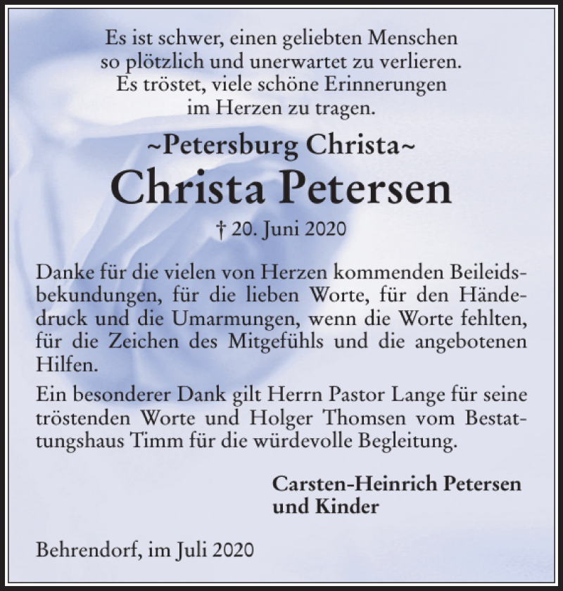  Traueranzeige für Christa Petersen vom 18.07.2020 aus Husumer Nachrichten