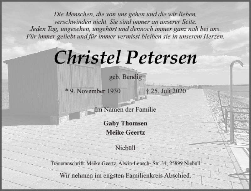  Traueranzeige für Christel Petersen vom 28.07.2020 aus Husumer Nachrichten