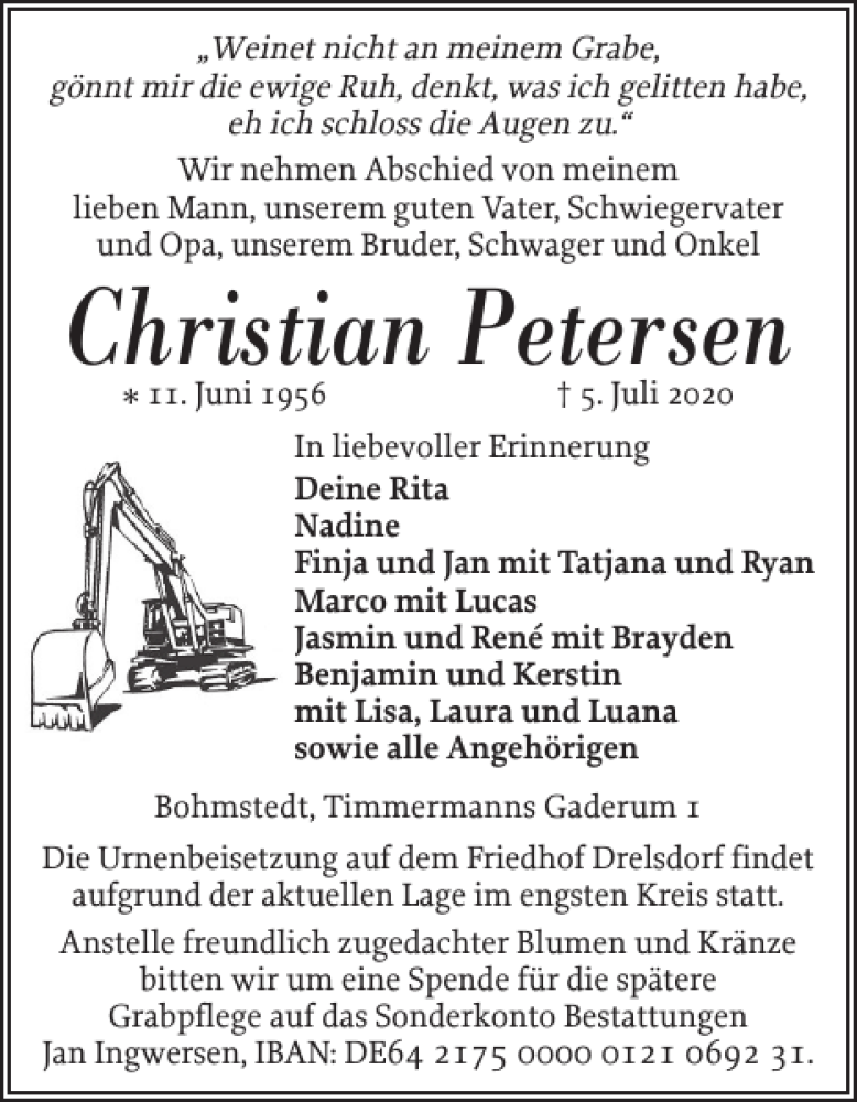  Traueranzeige für Christian Petersen vom 08.07.2020 aus Husumer Nachrichten