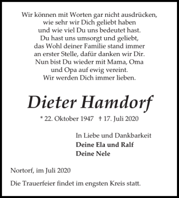 Traueranzeige von Dieter Hamdorf von Landeszeitung