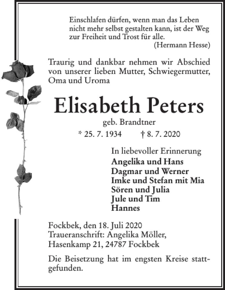  Traueranzeige für Elisabeth Peters vom 18.07.2020 aus Landeszeitung